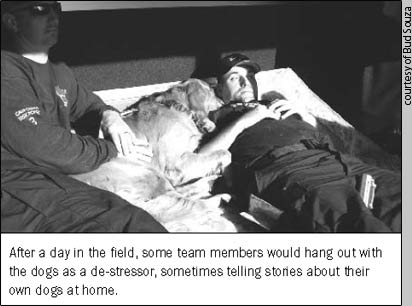 After a day in the field, some team members would hang out with
the dogs as a de-stressor, sometimes telling stories about their
own dogs at home.
